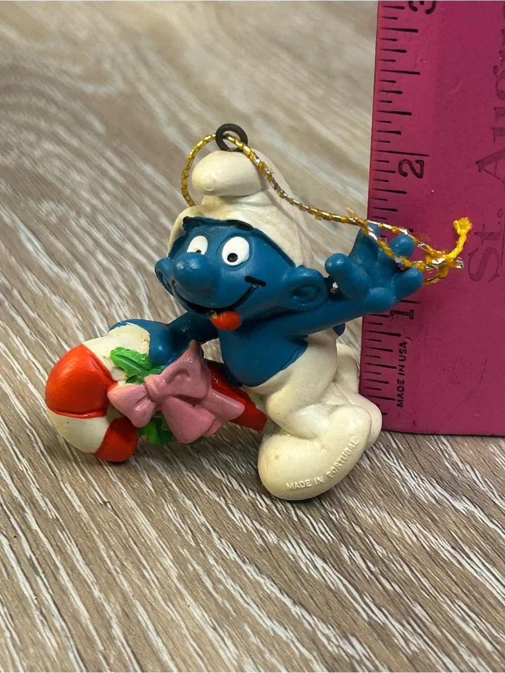 Vintage 1981 Schleich Smurf Christmas Ornament Candy Cane Wreath Peyo Portugal